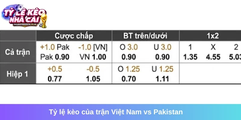 Bảng tỷ lệ kèo của trận Việt Nam vs Pakistan mới nhất